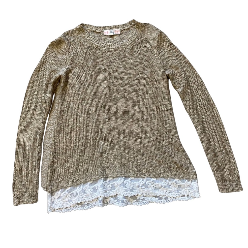 Tan knit womens sweater with lace bottom hem size S small Pink Republic